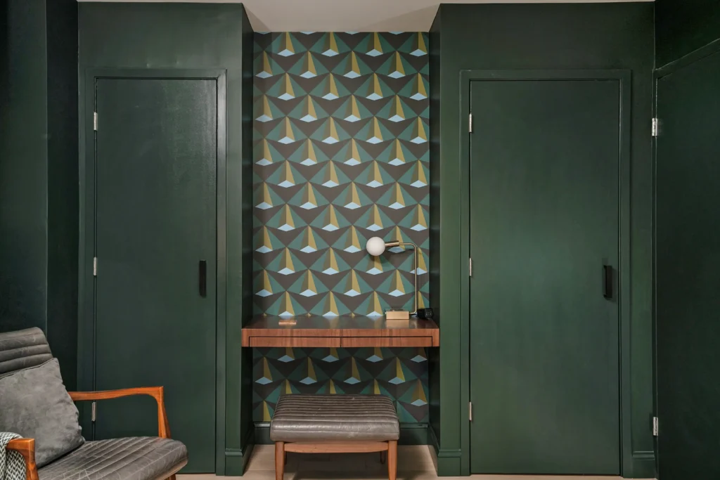 Dark Green wall -midcetury Wallpaper- walnut desk
